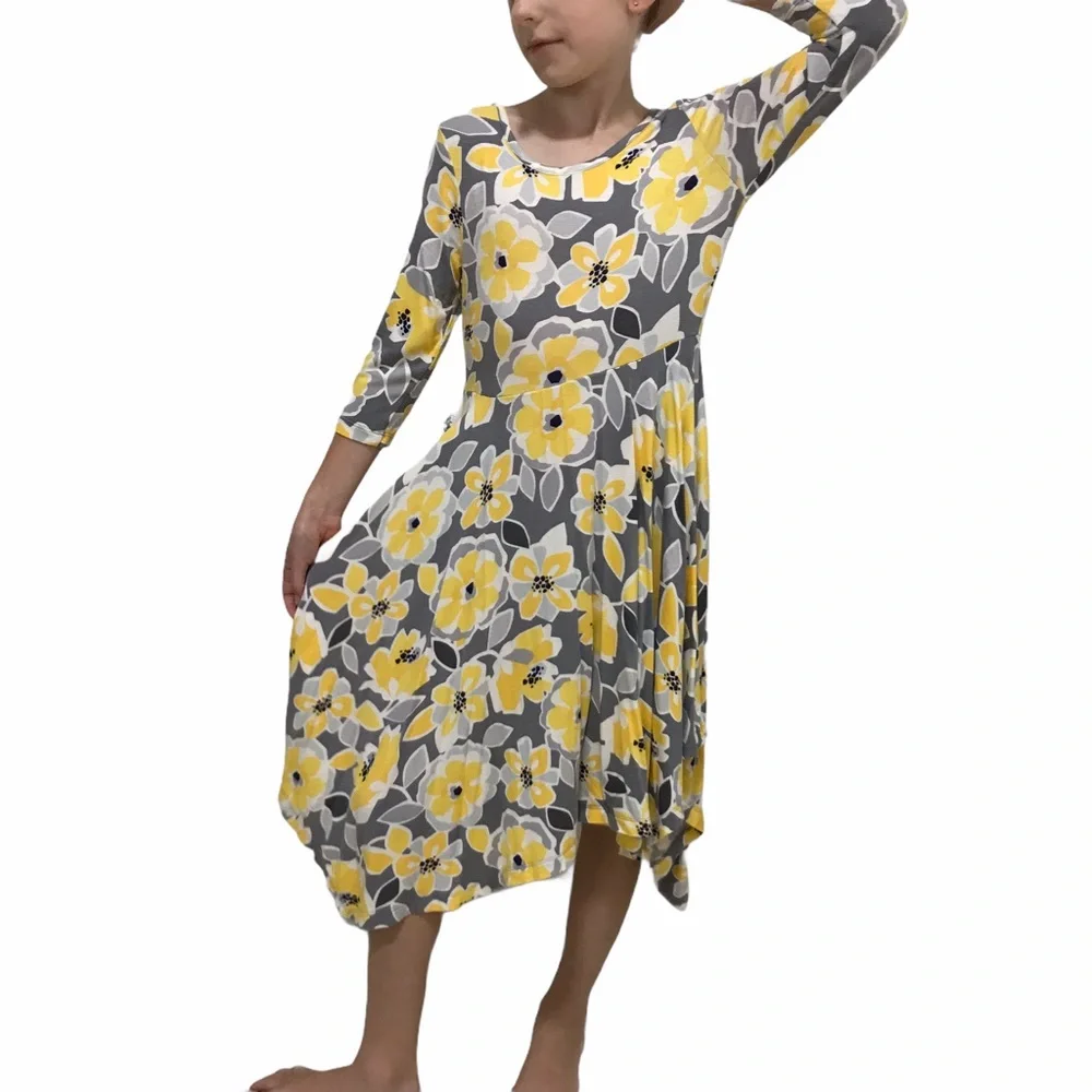 GYMBOREE Maxi Dress Size 6 A-Symmetrical Yellow Gray Floral 3/4 Sleeve